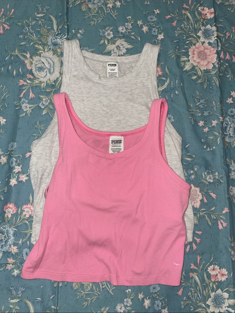Victoria’s Secret PINK Ribbed Crop Tank Duo - Pink & Light Gray Built in Bra XL
